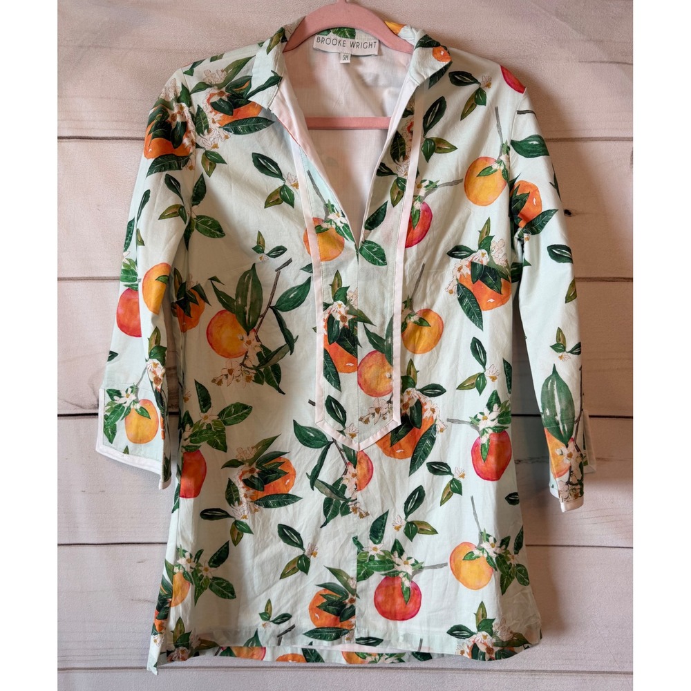 Brooke Wright Designs Women Small Orange Citrus Fruit Print Cotton Tunic Top